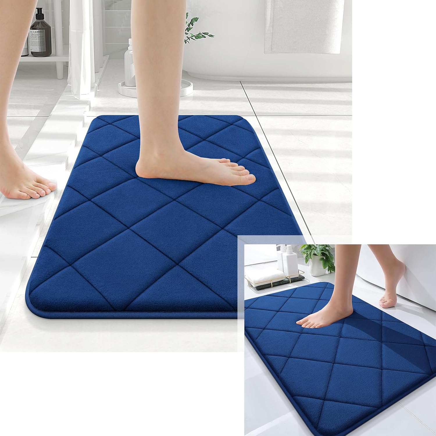 OLANLY Memory Foam Bathroom Rugs, Bath Rug Size 30x20+24x16 in Navy, 2 Item Bundle
