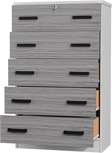 Miniatura 7 de Woodpeckers Furniture And Mattress Cindy - Cómoda de madera con 5 cajones con cerradura (blanco y gris)