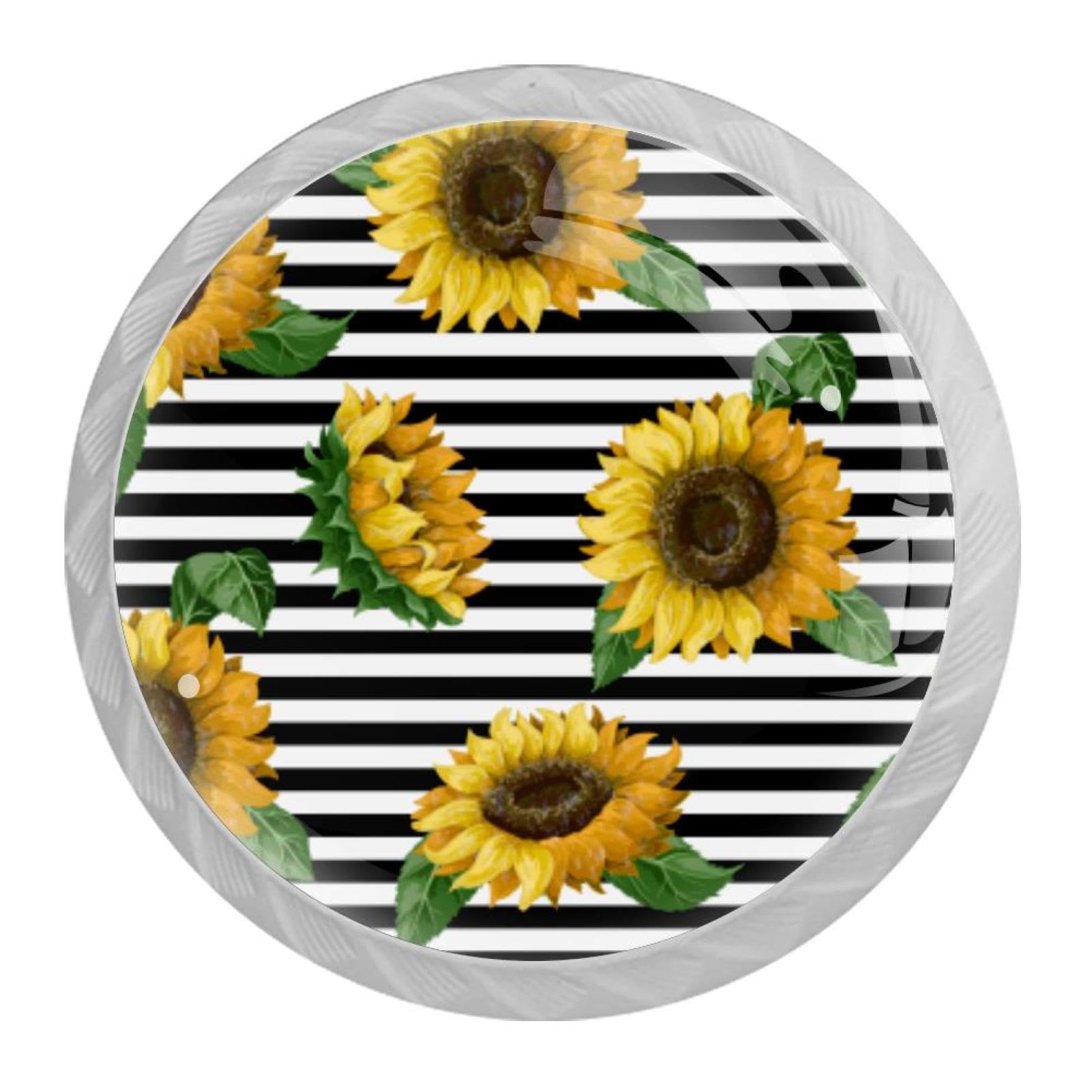 Tqmspg 4 Pieces Drawer Pulls Sunflowers Stripes Background Door Knobs Dresser Handles for Kitchen Wardrobe Cupboard Hardware Furniture