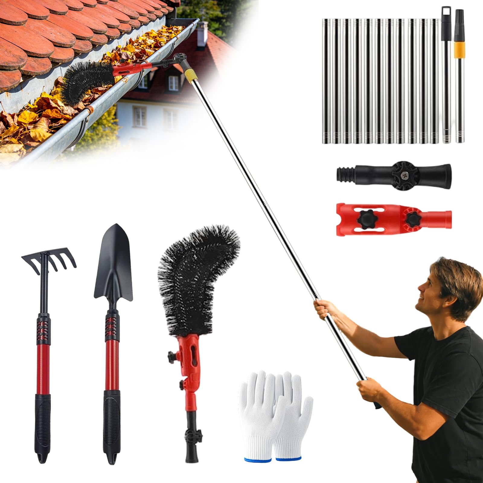4M Gutter Telescopic Cleaning Tools, 3 in 1 Gutter Cleaner with Brush,