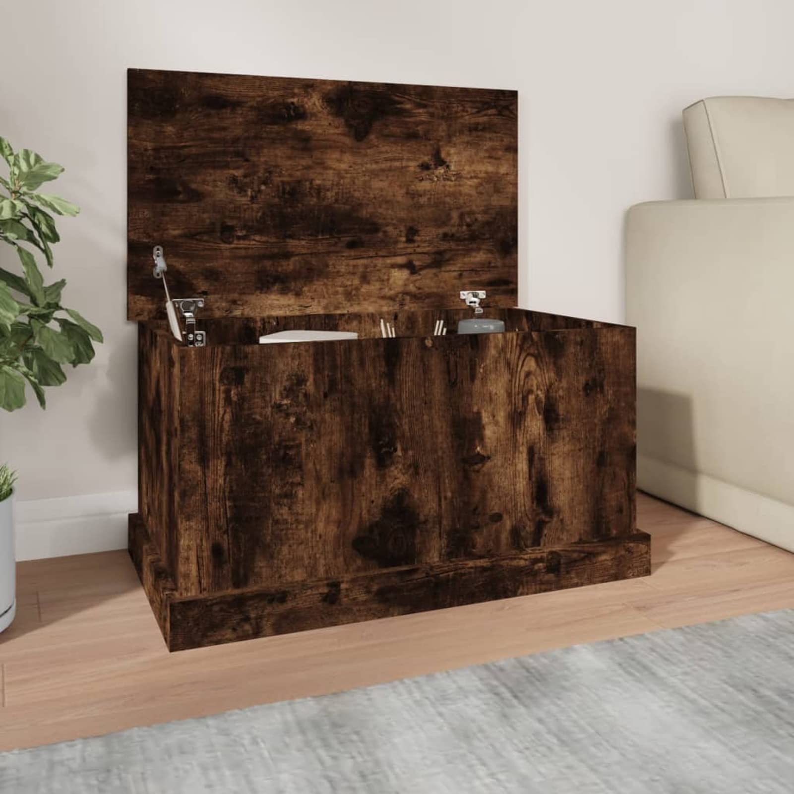 Homgoday Truhe mit Deckel Holztruhe Holzkiste Aufbewahrungstruhe Aufbewahrungsschrank für Flur Schlafzimmer Wohnzimmer Räuchereiche 70x40x38 cm Holzwerkstoff