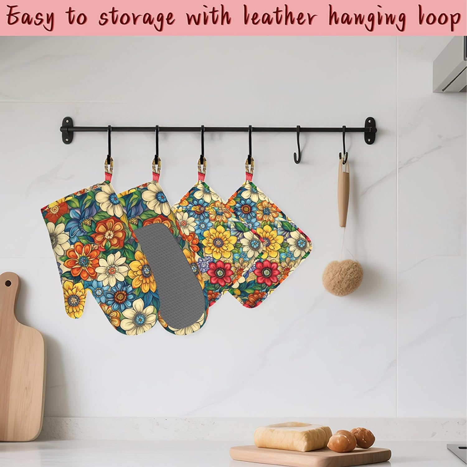 Flower Heat-Resistant Silicone Oven Mitts and Pot Holders,Cute Mandala Floral Long Oven Gloves with Non-Slip Grip for Cooking, Baking, Grilling,BBQ