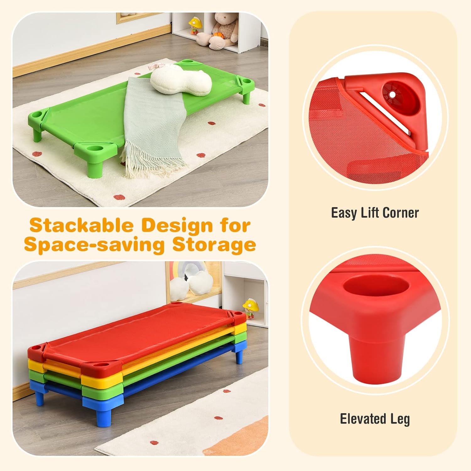 HONEY JOY Kids Daycare Cots, Pack of 4, 52” L Stackable Toddler Nap Cots for Resting, Naptime, Easy Lift Corners, Ready-to-Assemble, Heavy Duty Sleeping Cots for Preschool Nursery Classroom