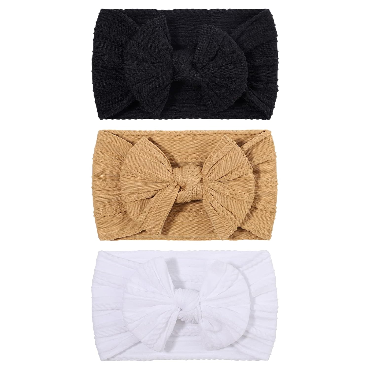 ANHAISHUILV 3 Pack Baby Knit Texture Nylon Headbands Hairbands Hair Bow Elastics Hair Accessories for Baby Girls Newborn Infant Toddlers Kids （White Black Khaki