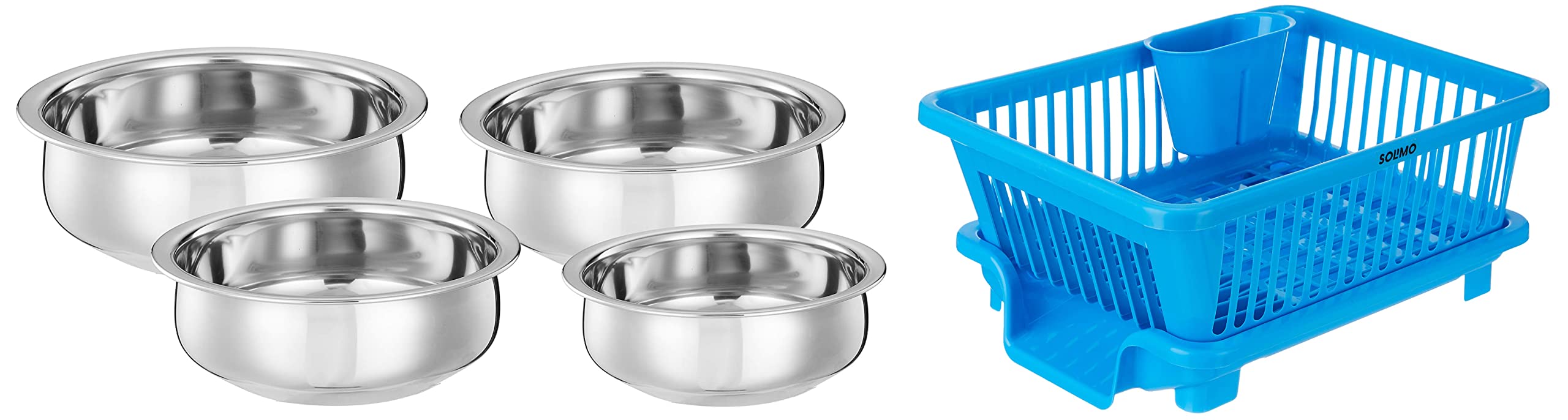 Amazon Brand - Solimo Stainless Steel Handi Set Size 15cm,16 cm,19cm,21cm (4 Pieces, 750ml, 1100ml, 1500ml and 1900ml) & Plastic Dish Drainer and Drying Rack for Kitchen Blue (B0BB6QT5BV) Amazon Price History, Amazon Price Tracker