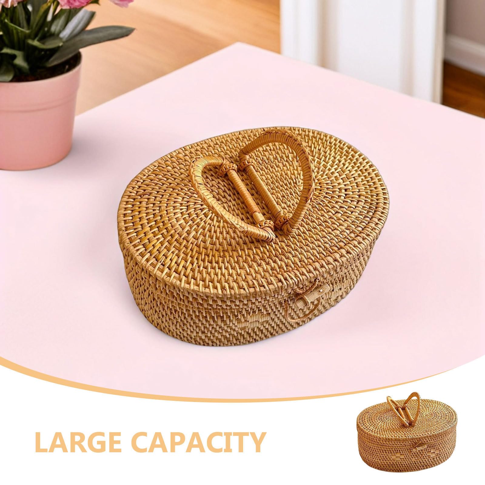 Cesta de Ratán Ovalada con Asa para Picnic y Almacenamiento al Aire Libre, Gran Capacidad, Superficie, Estilo Boho Natural para Camping y Eventos