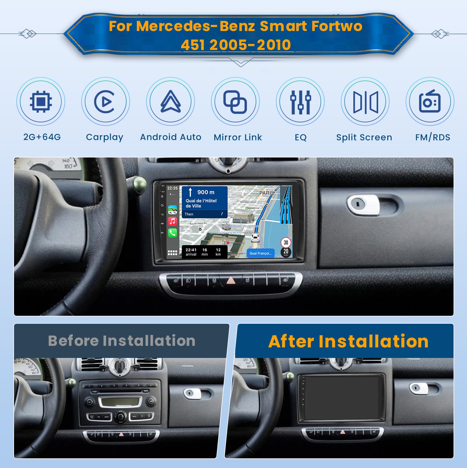 Inefala 2+64G Android 15 Radio para Pantalla Mercedes-Benz Smart Fortwo 2005-2010, Pantalla Coche Táctil de 9'' con Inalámbrico CarPlay y Android Auto, con Navegación GPS Mirror Link BT RDS Wi-Fi
