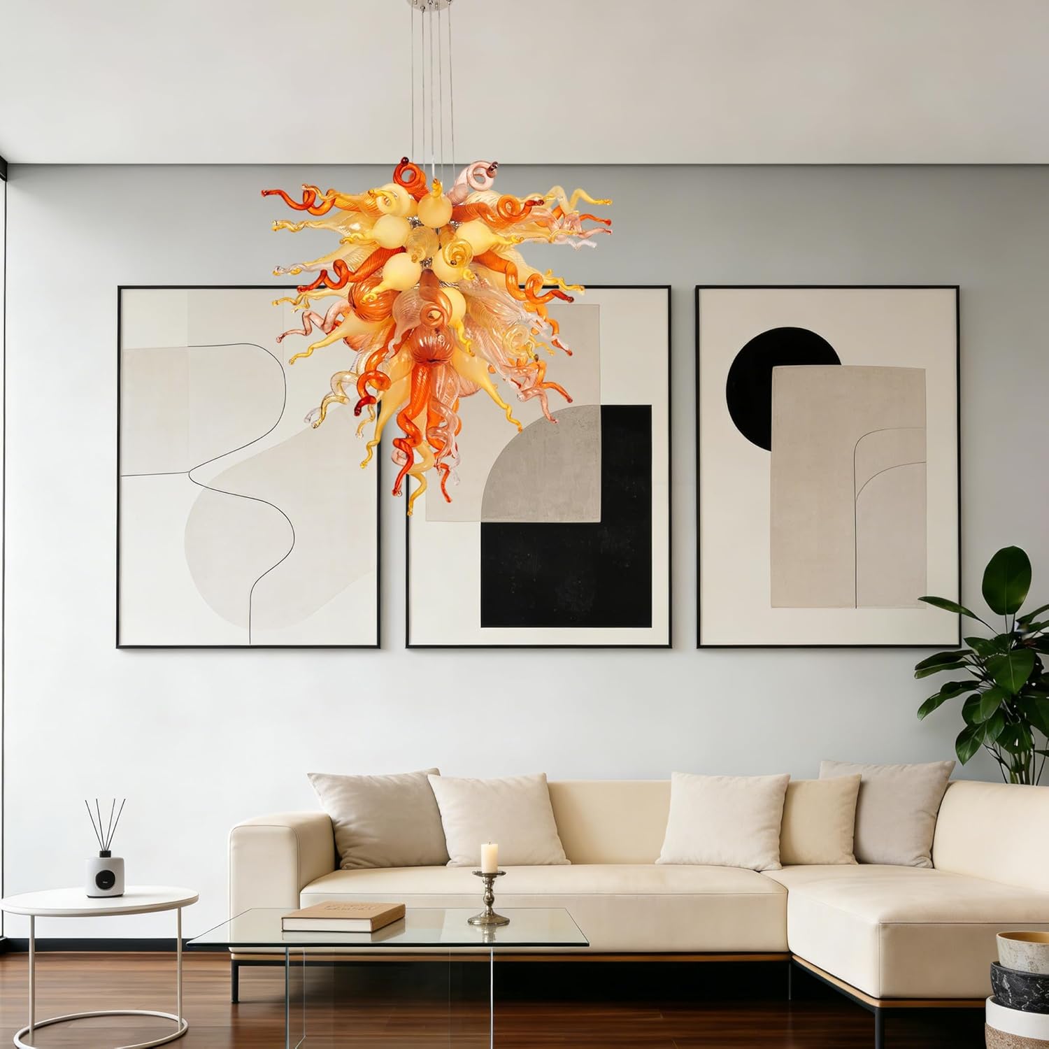 Warm Amber Glow Chandelier, Hand Blown Glass Chandelier, Multi-Color Amber Coffee Copper Red Clear, 32/40 Inch Customizable, Living Room Dining Room Bedroom (40" Wx32 H)