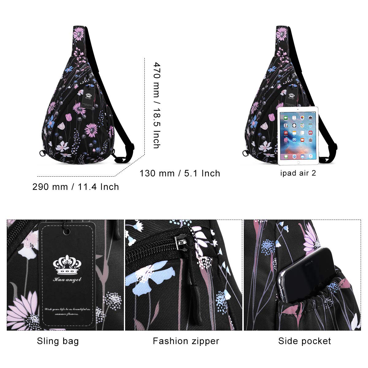 HUA ANGEL Sling Backpack for Women Men Anti-Water Front Pack Chest Bag Over Shoulder Bag Crossbody Daypack Lightweight Sport Work Travel Study Outdoor Running - Image 2