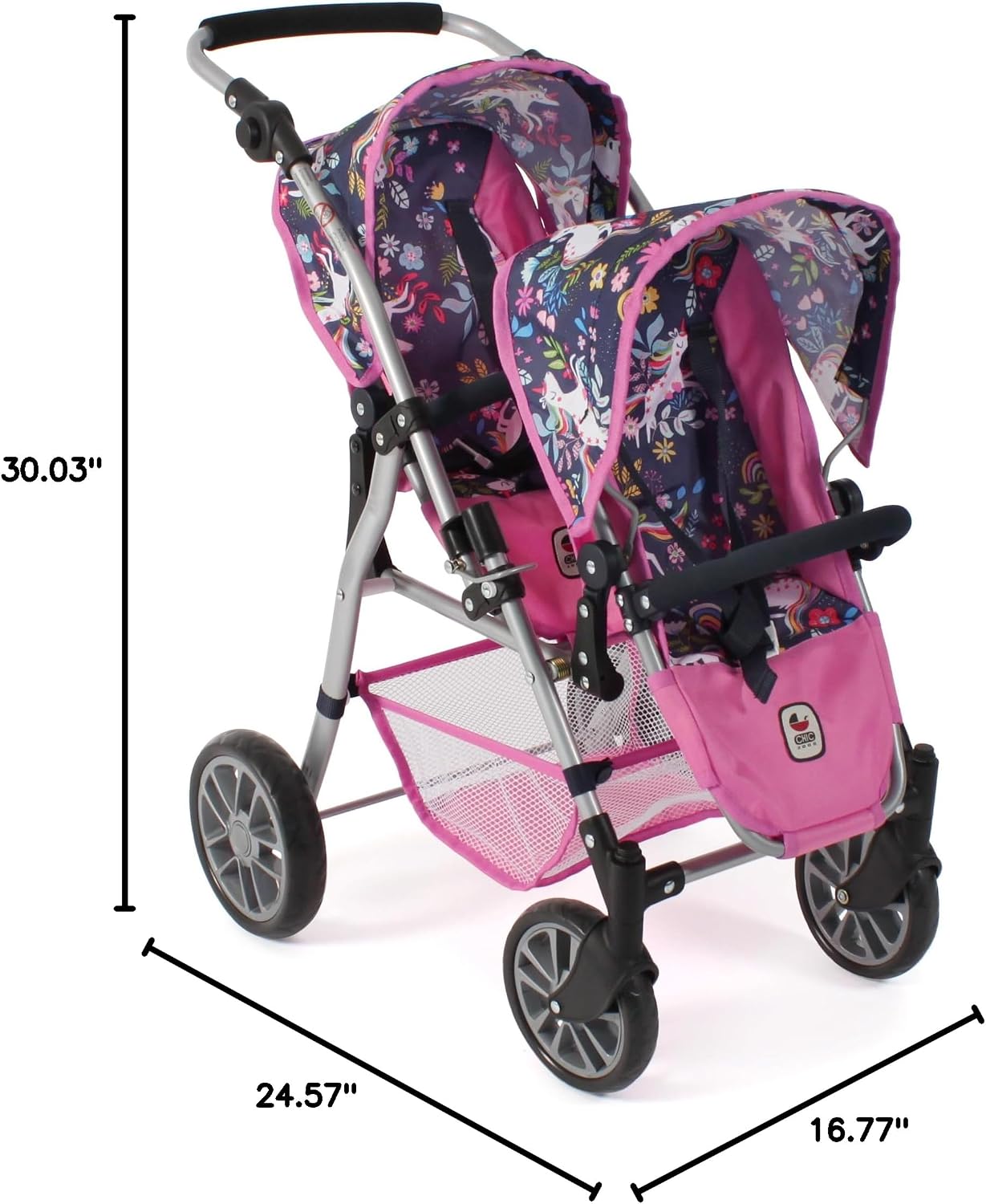 Bayer Chic 2000 - Twinny Doll's Pram, Twin Doll's Pram for Two Dolls, Twin Buggy for Children from 4 to 8 Years, Unicorn, Navy Pink, 691-43