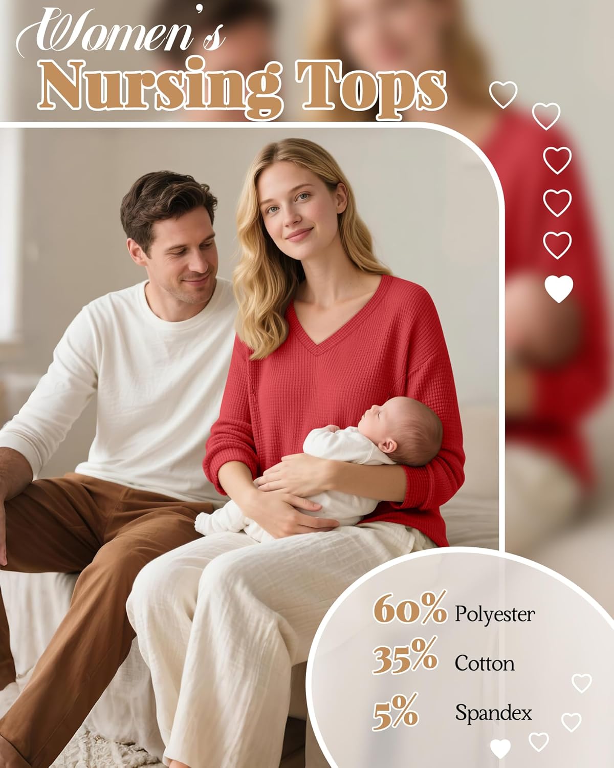 3 Pack Women's Nursing Tops Waffle Knit V Neck Breastfeeding Long Sleeve Shirts Hidden Zipper Loose Fit Sweatshirt(Watermelon Red, Green, Light Orange,Large) - Image 4