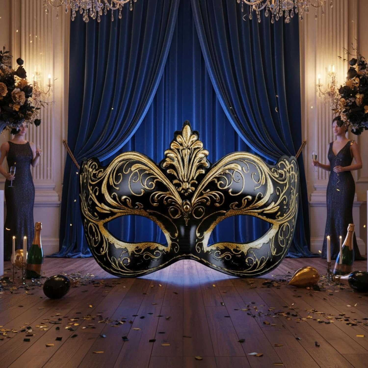 4.4 ft Masquerade Mask Cardboard Cutout Stand-up Life Size Masquerade Ball Party Decoration Black Gold Mask Standup Backdrop Photo Props for Party Prom Carnival Gala Birthday