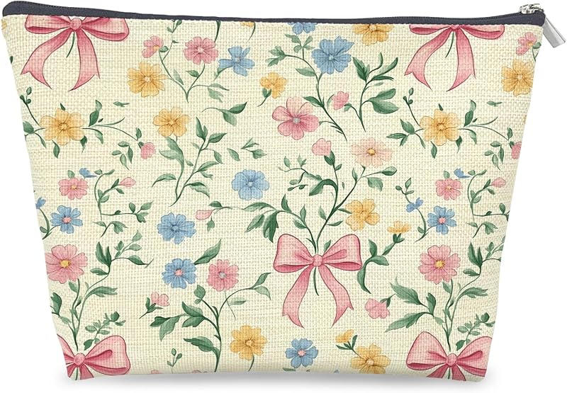 Necessaire de maquiagem Udinaz Coquette com estampa floral e laço rosa, fechamento com zíper, 20,07 cm x 25,4 cm