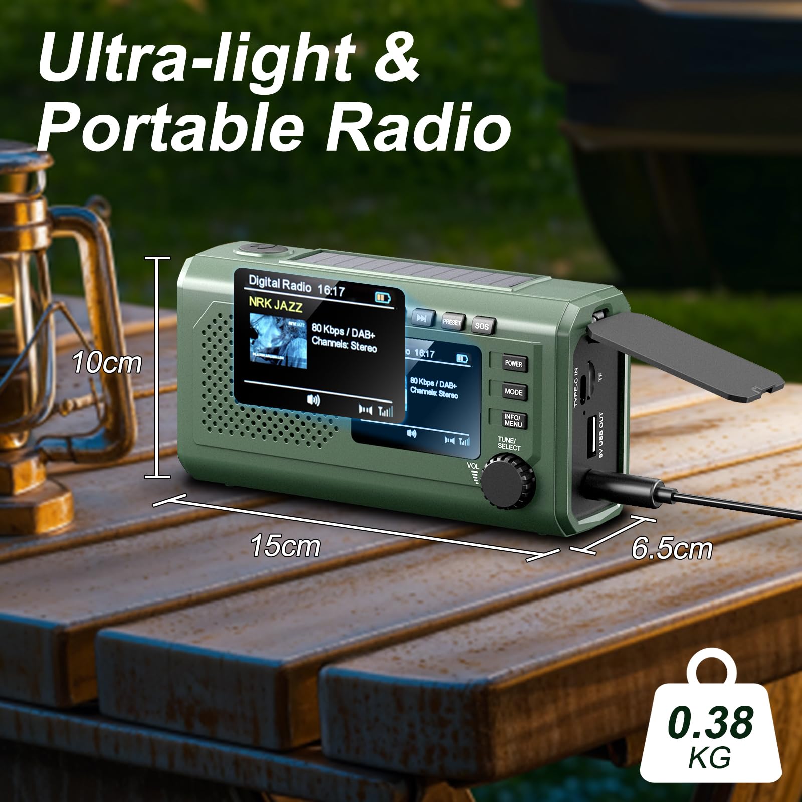 Radio di emergenza DAB+/FM con manovella, ricarica solare e USB, Bluetooth 5.3, radio a manovella con power bank, allarme SOS, display TFT, lampada da lettura, sveglia, scheda TF per esterni