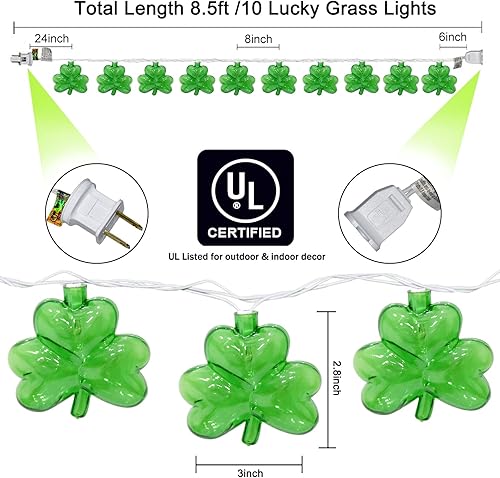 Miniatura 2 de Guirnalda de luces de hadas del día de San Patricio, luces de trébol de 8.5 pies para exteriores con 10 tréboles verdes, luces de hadas de trébol de