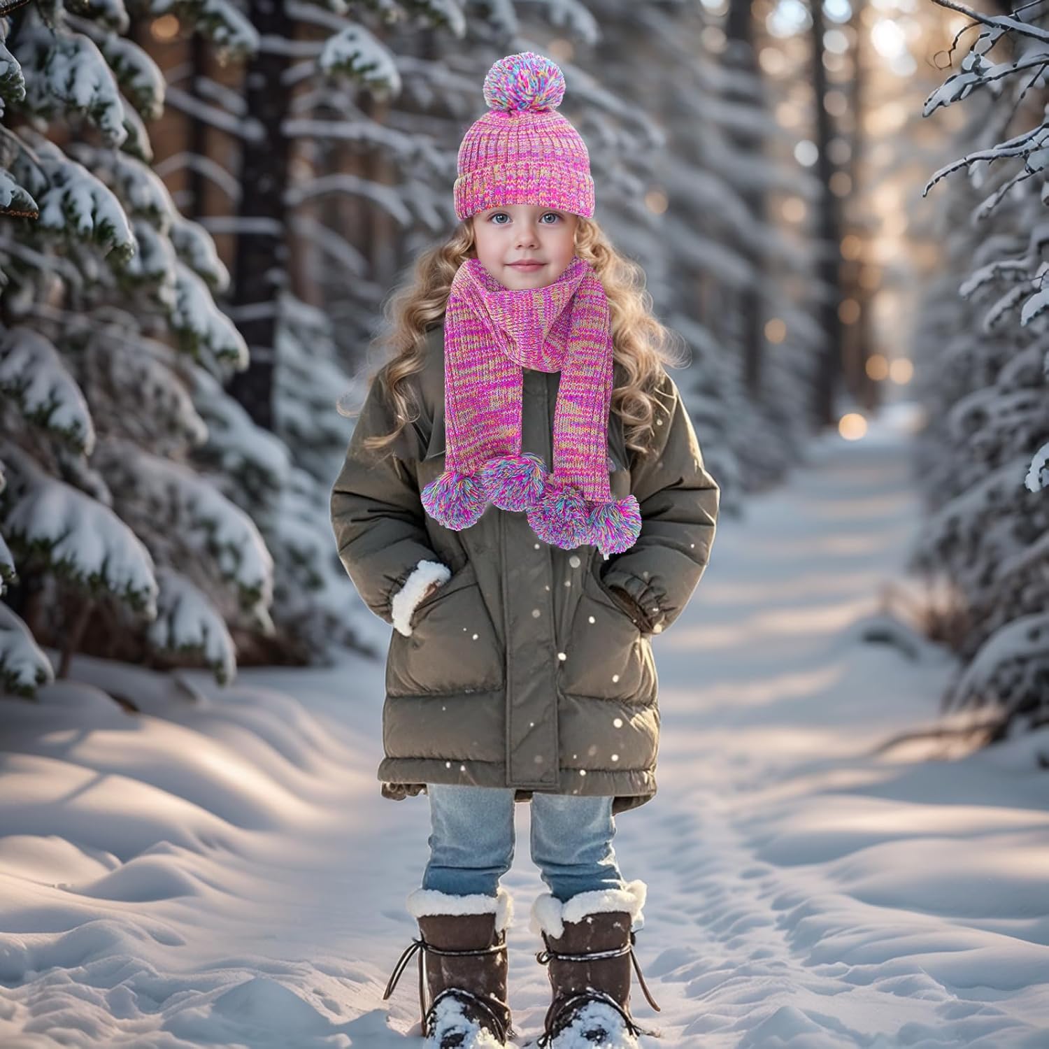 Kids Winter Hat Gloves Scarf Set Girls Toddler Beanie Hat Fleece Lined Knit Neck Warmer with Pom Mittens Set - Image 7