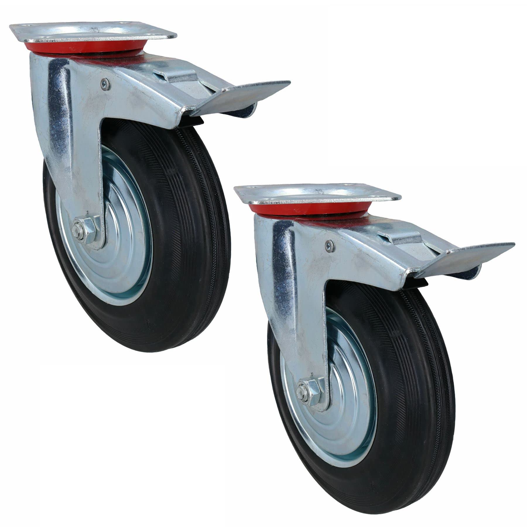 200mm (8in) HD Braked Castor Wheel Rubber Tyre for Trolleys Trucks Carts 2pc
