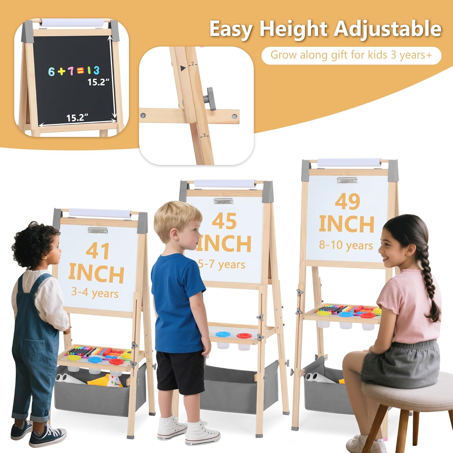 Kinder King 3 in 1 Wooden Kids Easel, Adjustable Art Easel for Kids, Double-Sided Magnetic Whiteboard & Chalkboard, Paper Roller, Art Supplies, Coloring Drawing Easel Toddler Gift Ages 3+, Grey