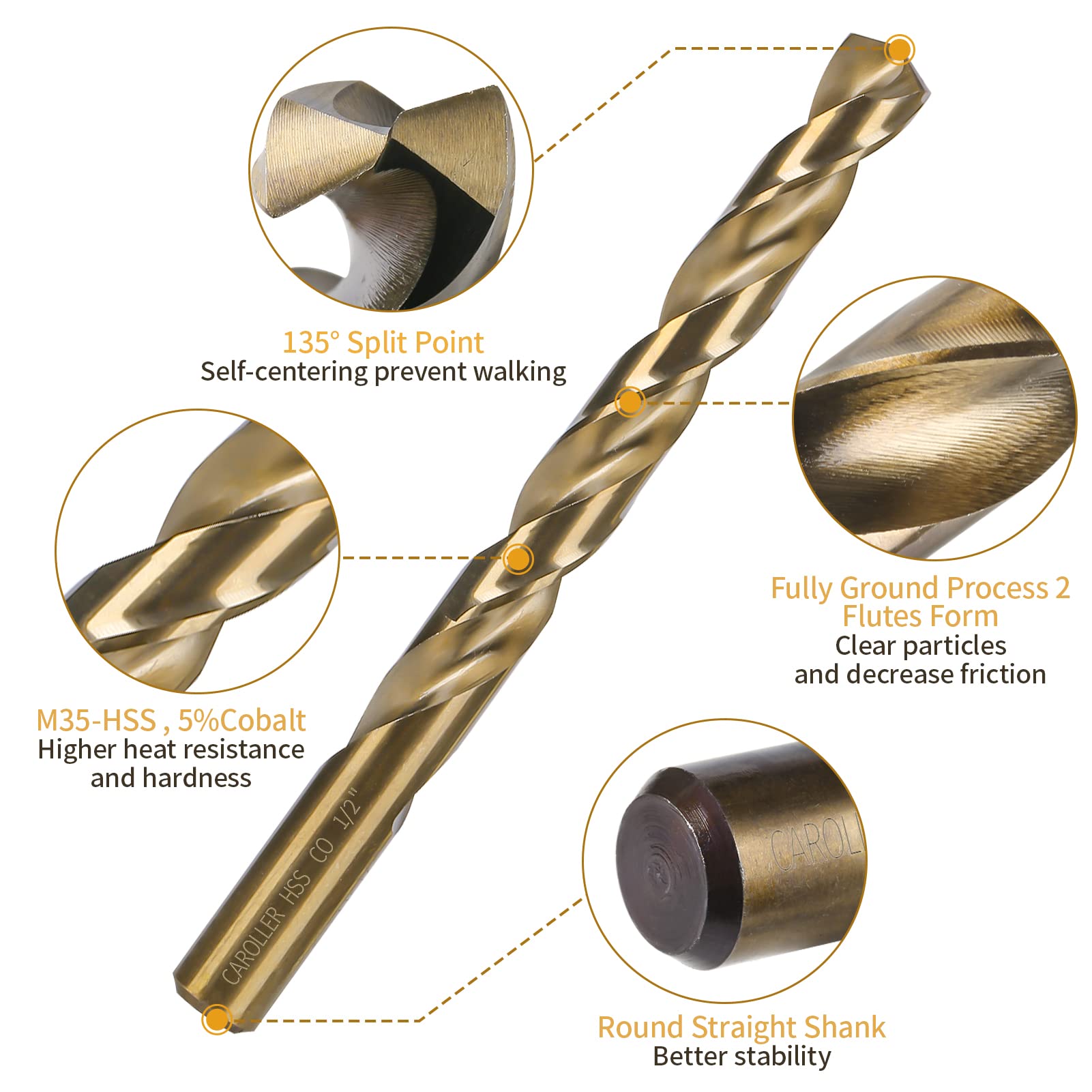 CaRoller - Set di 29 punte per trapano, in acciaio cobalto M35 (1/16" - 1/2" X 64ths), gambo rotondo a 135 gradi con tre piatti
