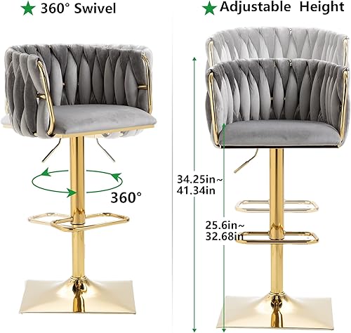 Miniatura 18 de SZLIZCCC Taburete de bar ajustable de terciopelo moderno, taburete de bar giratorio de 360 grados, taburete de isla de cocina curvado con respaldo