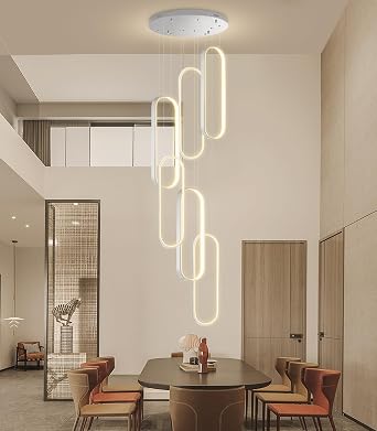 6 Rings Modern Chandelier LED Dimmable Pendant Lighting High Ceiling Chandelier for Entrance Foyer Lobby Living Room Staircaes Sliver 78.7