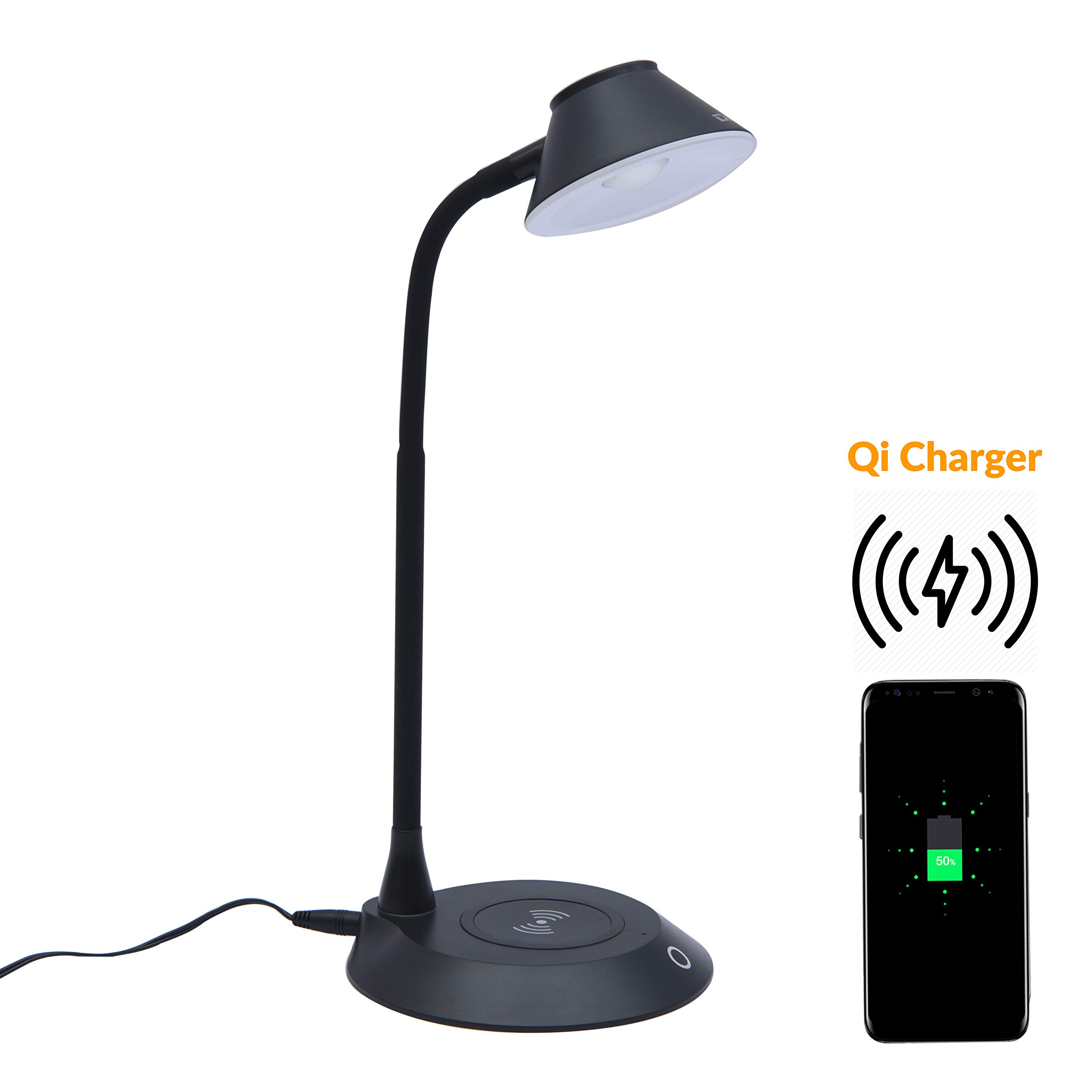 DAC Desk Lamp Wireless Charger – for iPhone 11, X, 8, Galaxy S20, S10, S9, S8, S7 and All Qi-Enabled Devices - 3 Brightness Levels - Flexible Gooseneck LED Lamp - Desk Light for Office – Black