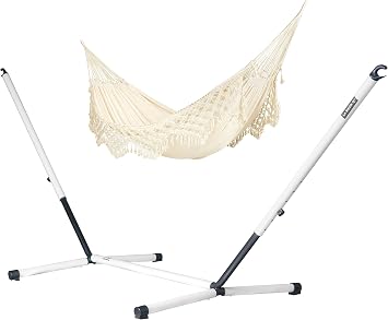 LA SIESTA Bossanova Organic Cotton Hammock & Steel Stand - Indoor Outdoor Hammock with Stand - Handmade in Brazil, Boho Hammock - 2 Person Double Hammock Bed for Patio Bedroom - XL King, Latte