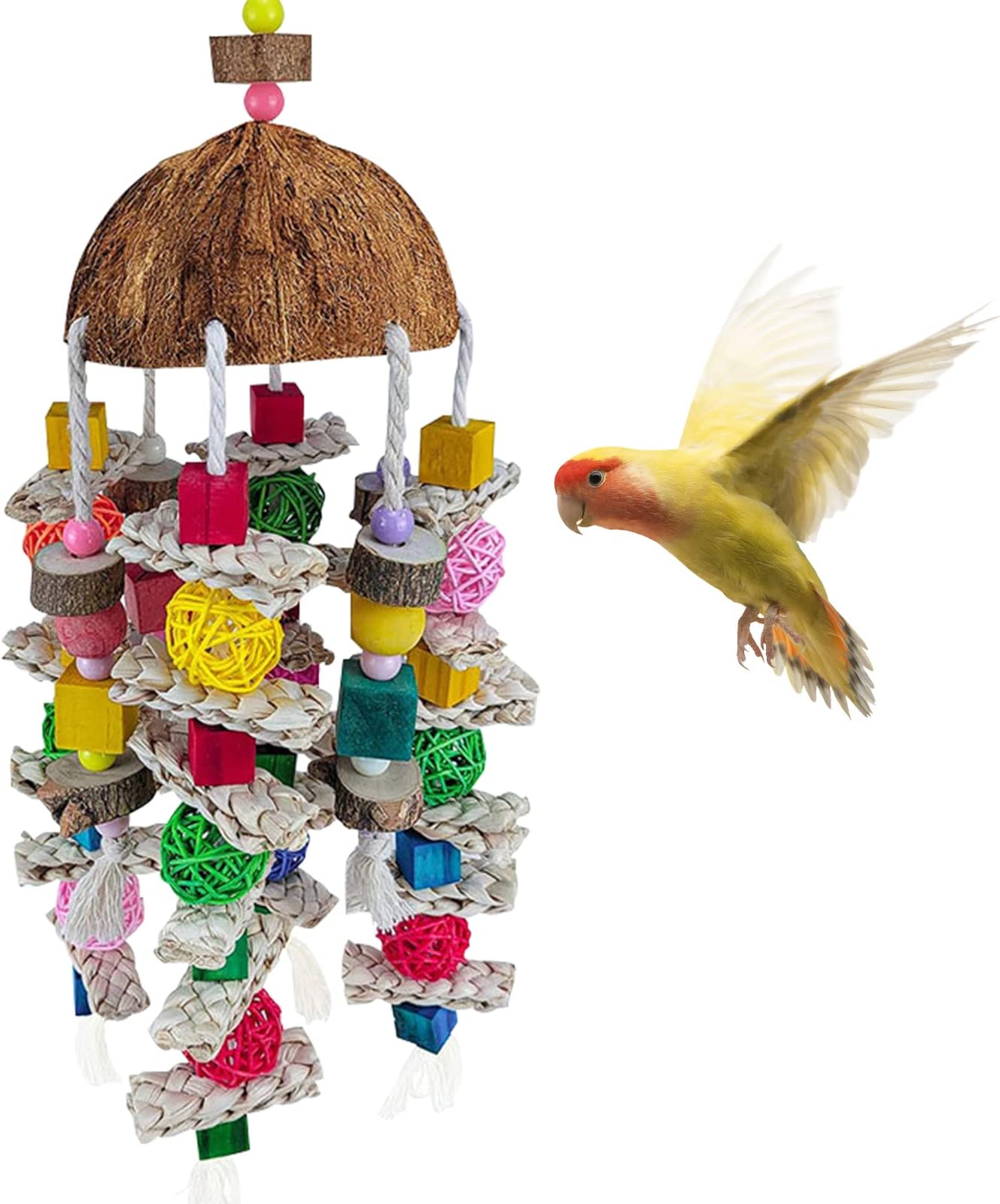 Barley EarsLarge Parrot Toys Budgie Toys Cockatiel Toys Hanging Chewing Toy Colorful Natural Wood Block Bird Chew Toy Parrot Cage Bite Toy for African Grey, Conures, Finches, Budgie, Macaws, Conures