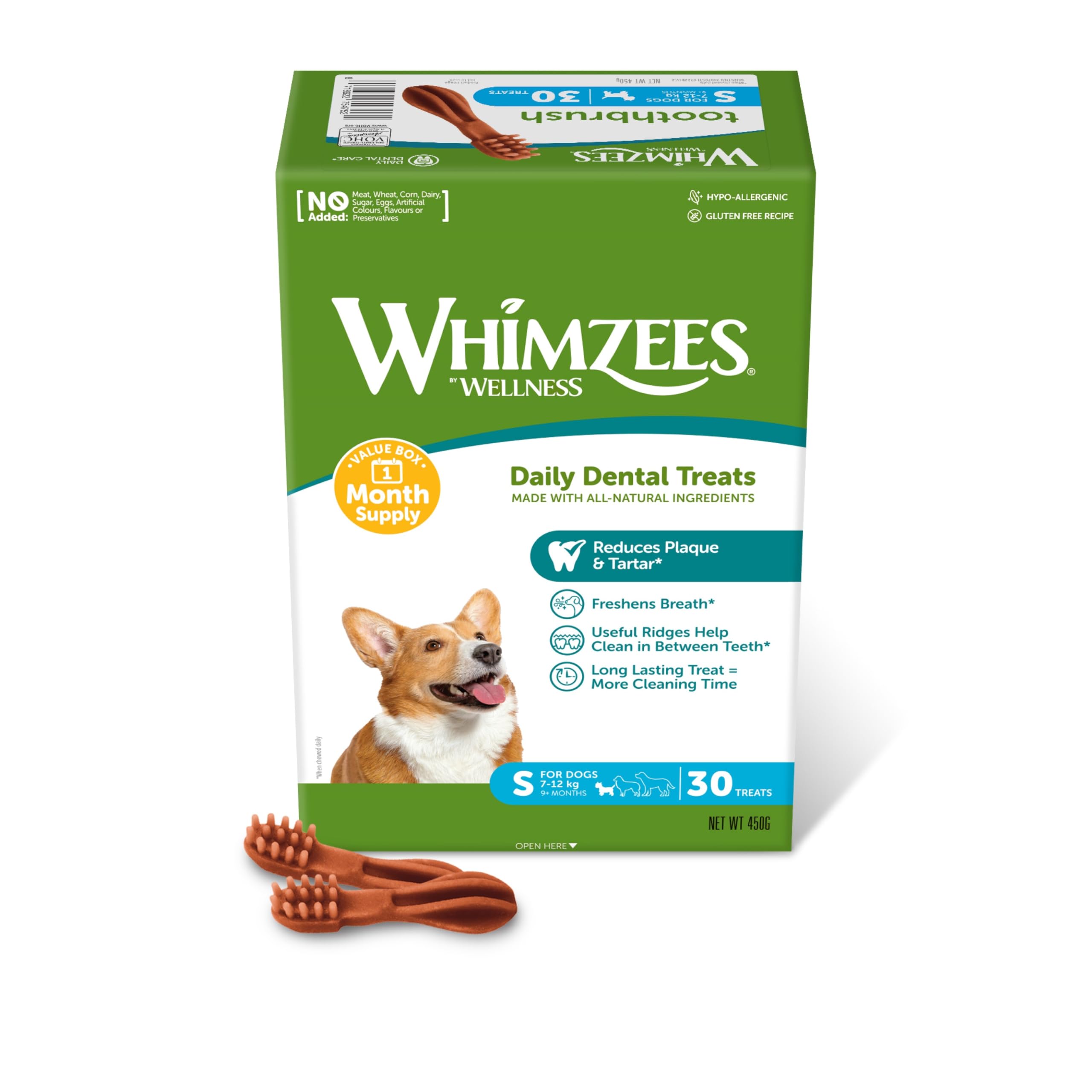 WHIMZEES Spazzolini da denti S, Fondo Mensile, 30 Pezzi – Taglia S, Snack per Cani di Piccola Taglia, Naturali & Senza Cereali, Vegetariane, Senza Zuccheri Aggiunti