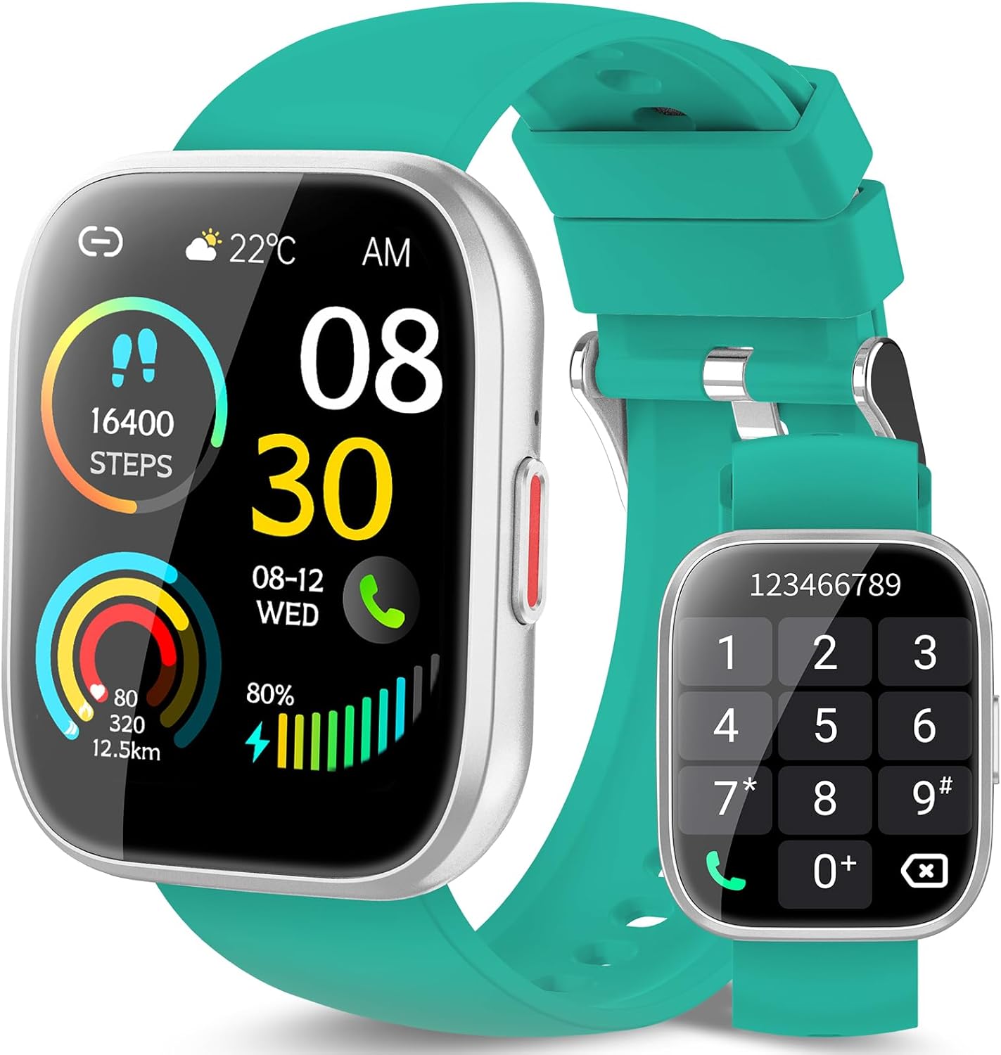 VKROBAG P114 Smartwatch with green strap, displaying time, steps, weather, heart rate, and a dial pad.