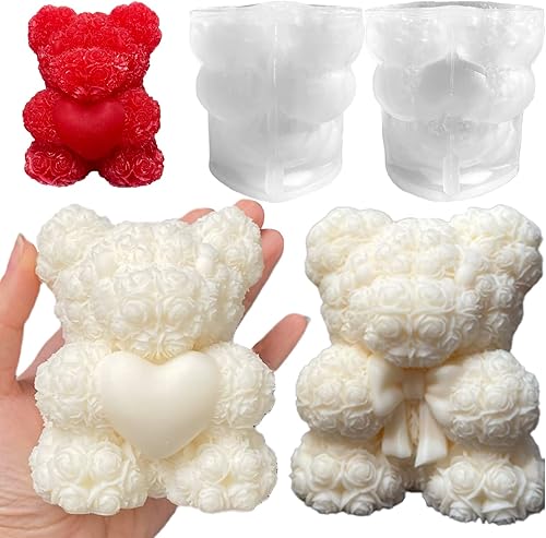 TOPYS Paquete de 2 moldes de vela de oso de rosas 3D moldes de silicona para el día de San Valentín pinte tu propio corazón o lazo de vela de oso de