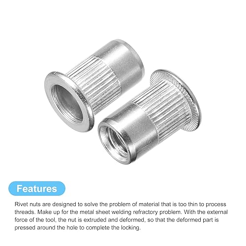 Miniatura 4 de uxcell 516-18 tuercas de remache, 50 piezas de tuercas roscadas de cabeza plana moleteadas de acero inoxidable 304 para metal, plástico