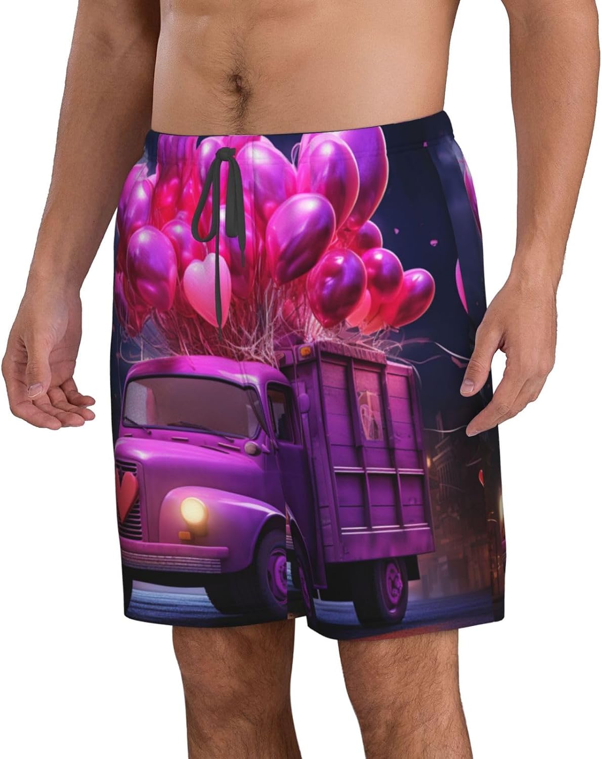 Mens Romantic Truck Heart Balloon Print Beach Shorts,Casual Summer Shorts for Men,Quick Dry Polyester