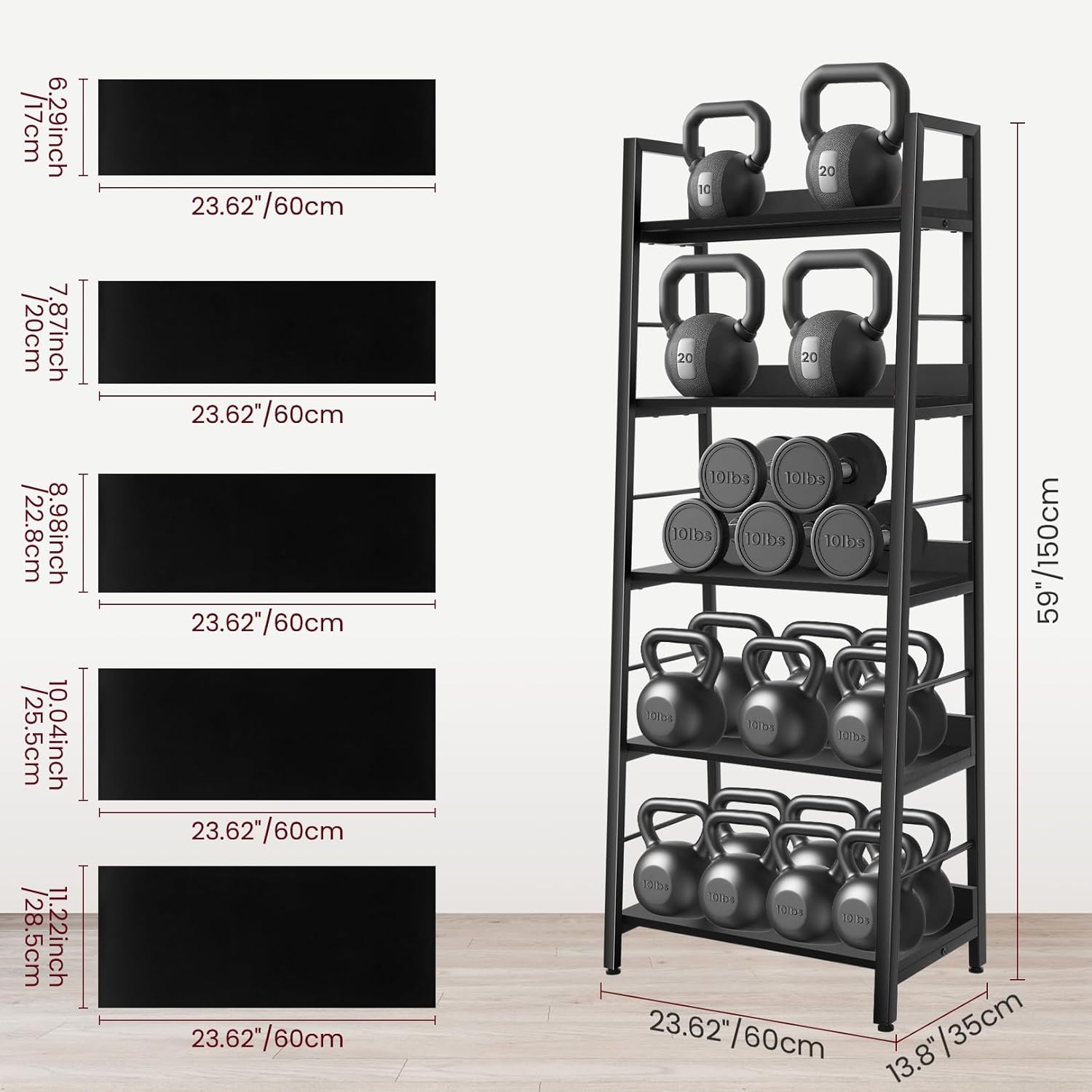 BATHWA 5 Tier Book Shelf, Black Industrial Open Wood and Metal Ladder Bookshelf, 59''H 24''W Wooden Ladder Shelf for Small Places, Living Room, Bedroom