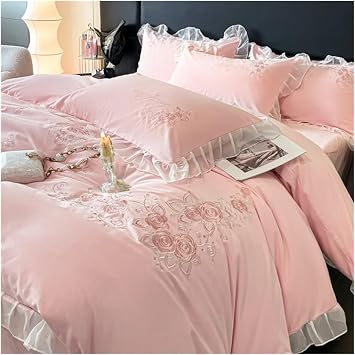 Princess Style Korean Pink Cotton Brushed Lace Ruffles Flowers Embroidery Bedding Set Duvet Cover Set Bed Sheet Pillowcases,Bed