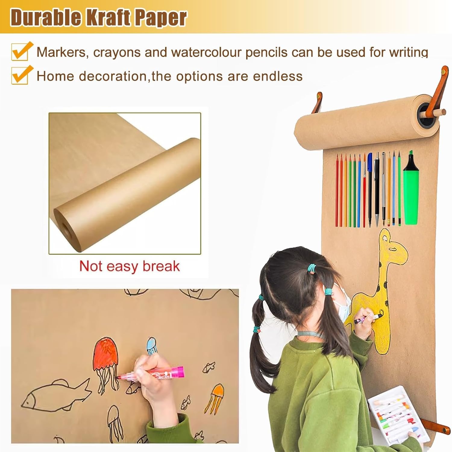 Uchwyt na papier Dozownik papieru kraftowego montowany na ścianie, rolka papieru do zawieszania z obcinakiem(64cm/25.2in Wide)