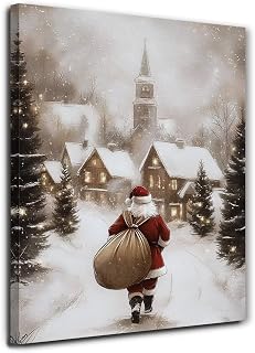 JINYO Vintage Christmas Santa Winter Village Canvas Wall Art Framed, Rustic Christmas Decor, Winter Farmhouse Town Santa Xmas Poster Prints Wall Decor for Home Bedroom Living Room, 11x14 Inch