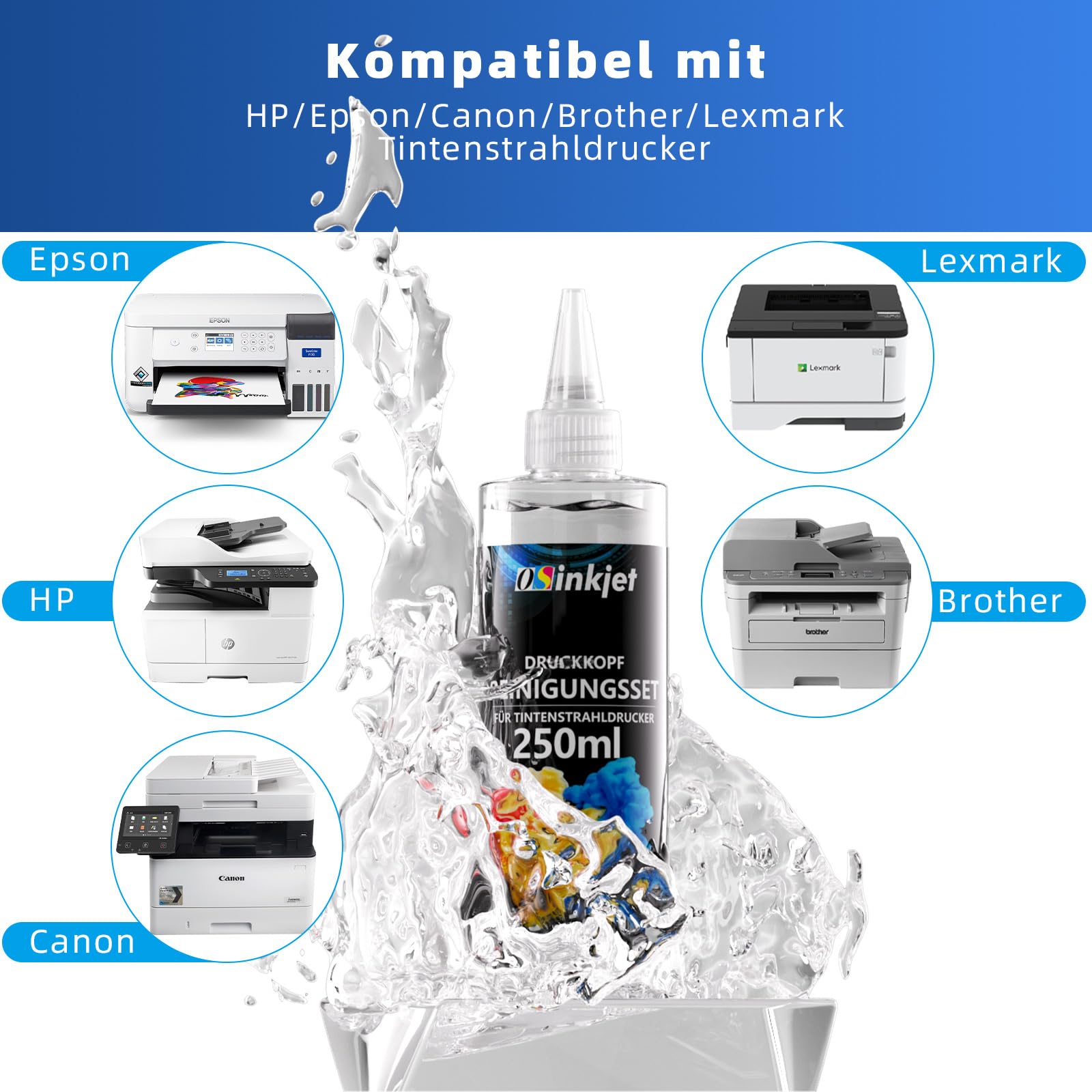 Druckkopfreiniger, 250ml Düsenreiniger Kompatibel für Epson HP Canon Brother Tintenstrahldrucker, Druckkopf Reinigungsset