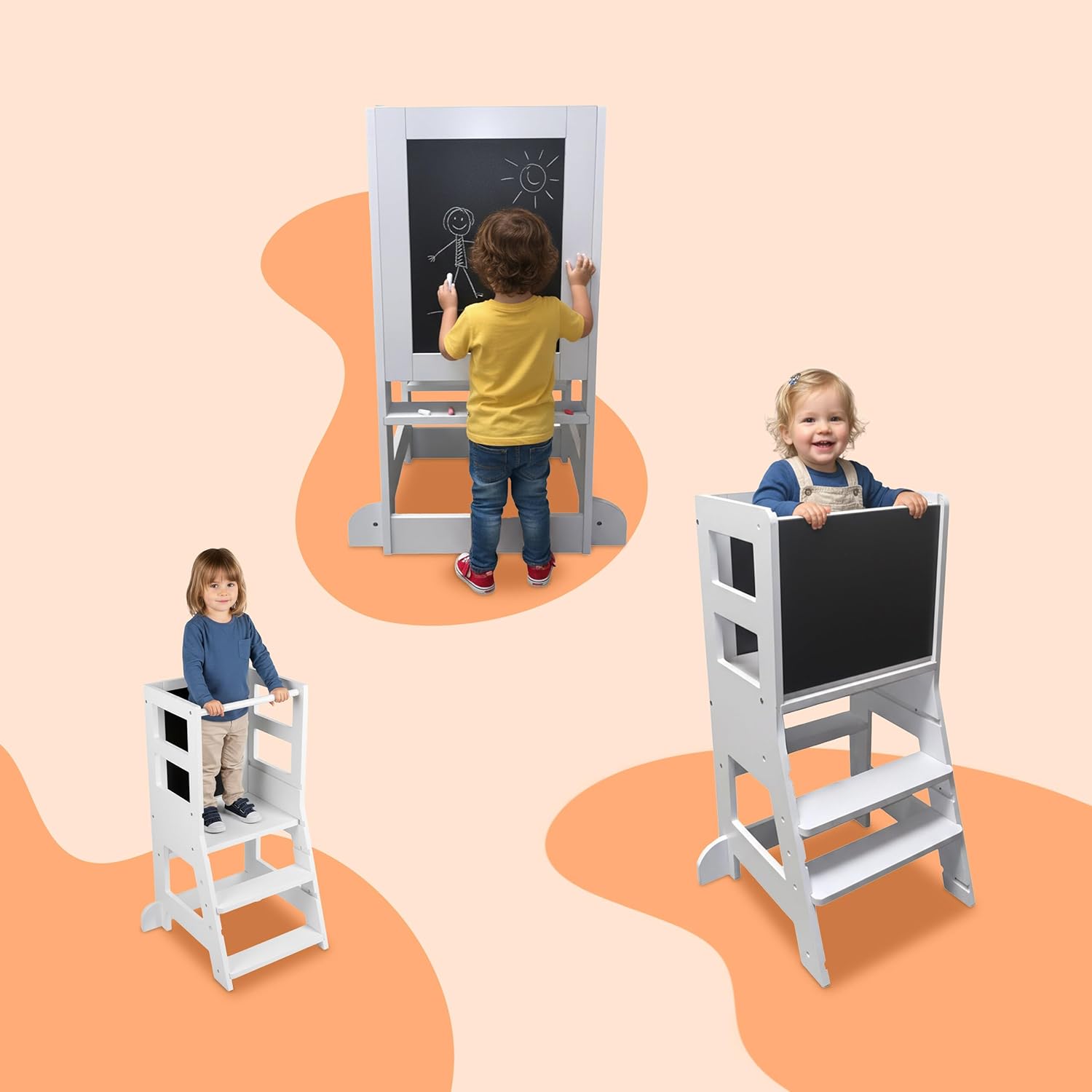 Relaxdays learning tower with chalkboard, 1+ yrs, 2 steps, safety guard, 86x40x44cm, toddler step stool, white