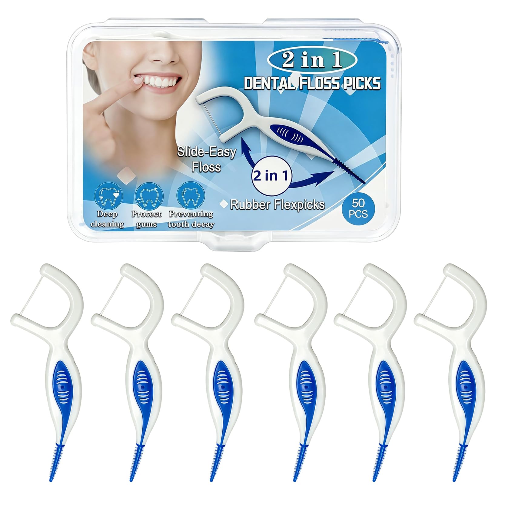 50PCS Dental Floss Picks for Adults with Brush Picks, Mint Flavor, 2-in-1 Interdental Brushes Toothpick for Deep Cleaning, Travel Cases Tooth Picks Flossers for Teeth, Easy Grip