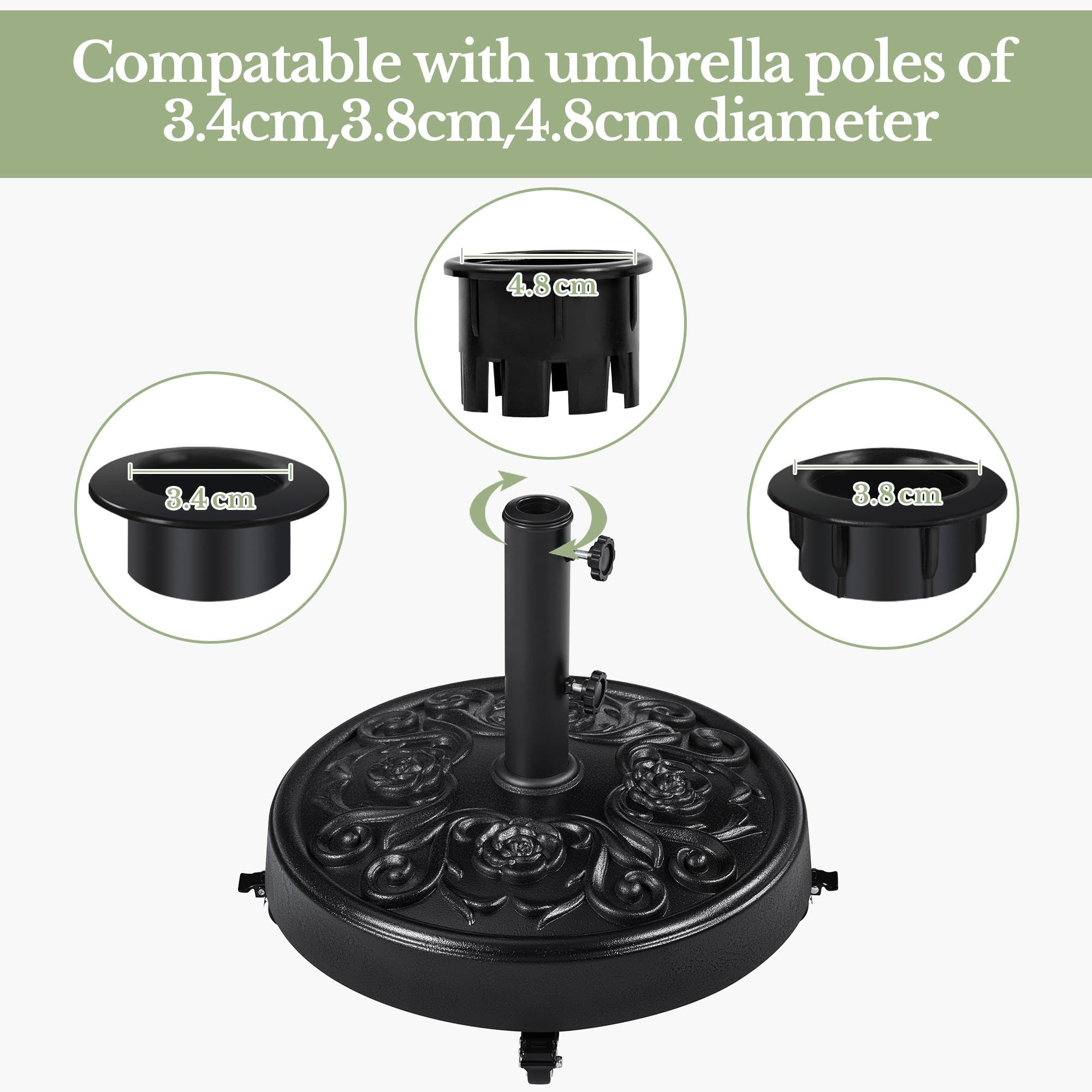 Yaheetech 25 kg Garden Parasol Base with Wheels, Resin Heavy Duty Umbrella Stand Holder, Outdoor Patio Umbrella Base Fits 34/38/48MM Poles with Rose Design Black — view 7