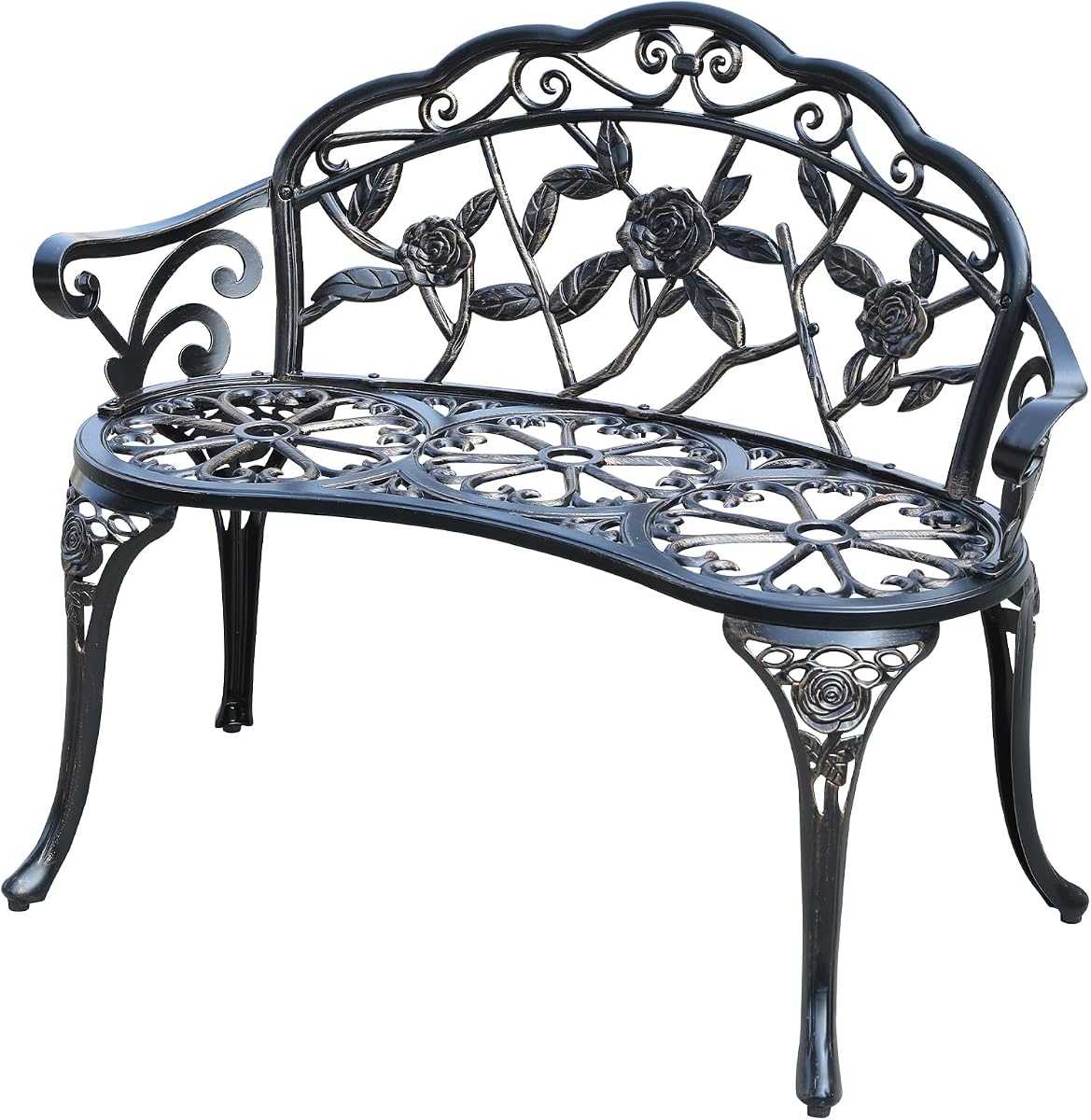 Cast Aluminium Outdoor Bench, Rose Garden Bench for Patio,Park,Lawn,Yard(Bronze)