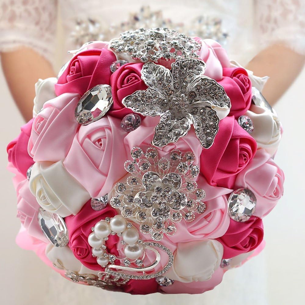 S_SSOY Hand Made Diamond Pearl Satin Roses Bridesmaid Bridal Artificial Bouquets Customization Bride Holding Bouquet Wedding for Photo Shooting, Valentine's Day, Birthday,Creystal Pink