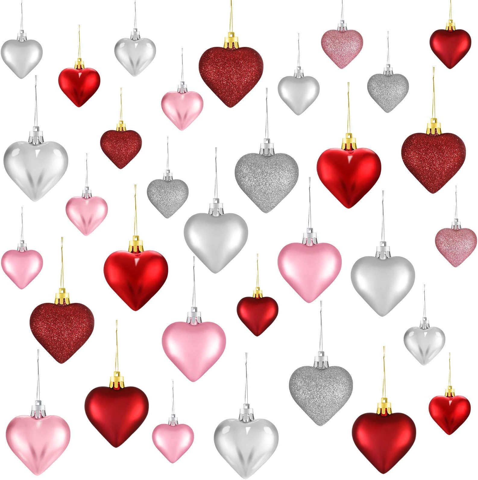 Skylety 60 Pieces Heart Ornaments, 3 Styles 2 Size Heart Shaped Tree Hanging Decorations Baubles for Xmas Wedding Anniversary (Multi-Color)