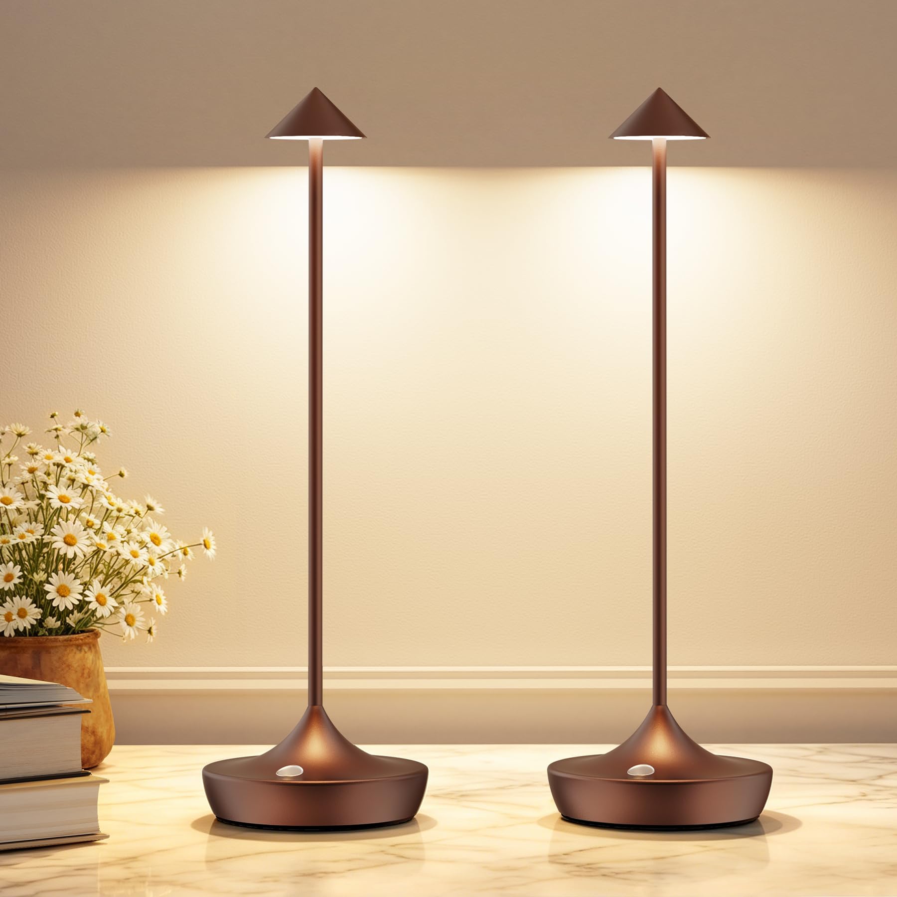 Bonsery LED Nachttischlampe 2er Set Braun, 3 Farbtemperatur Tischlampe Kabellos mit 6000mAh Akku & Wasserdicht, Touch Dimmbar Tischleuchte Aluminium für Innen & Außen, Geschenke für Frauen Mütter