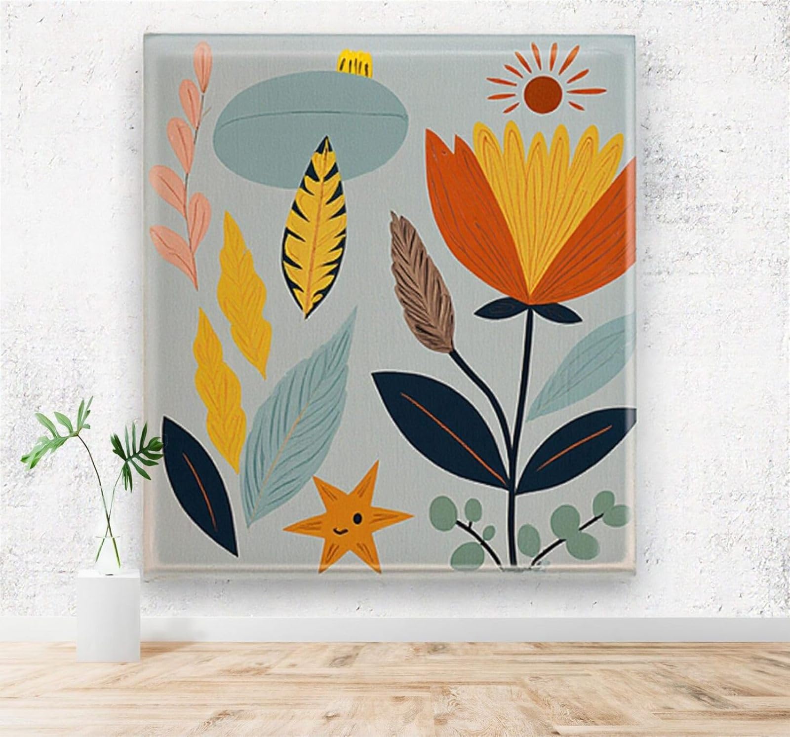 Xlming 150Cm×105Cm(B×H) Hand Drawn Colourful Leaves Sunshine Flowers Illustration 3D Wallpaper Silky Texture Home Study Office Grey Dining Room Sofa Bedroom Living Room Tv Backdrop-150Cm×105Cm