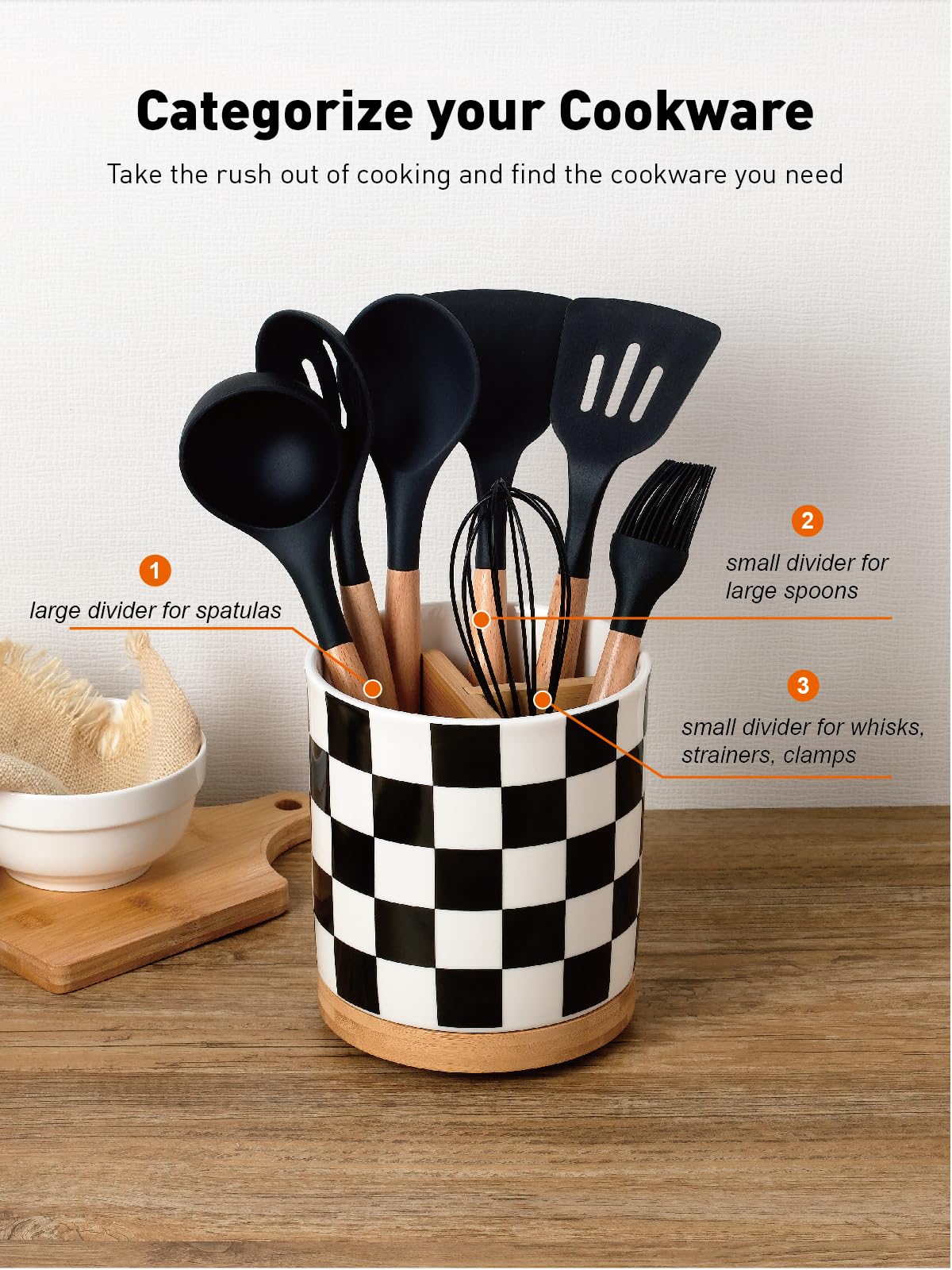 LoeJan 3 Compartment Utensil Holder, Extra Large Utensil Crock, Stable Ceramic Utensil Organizer - Image 2