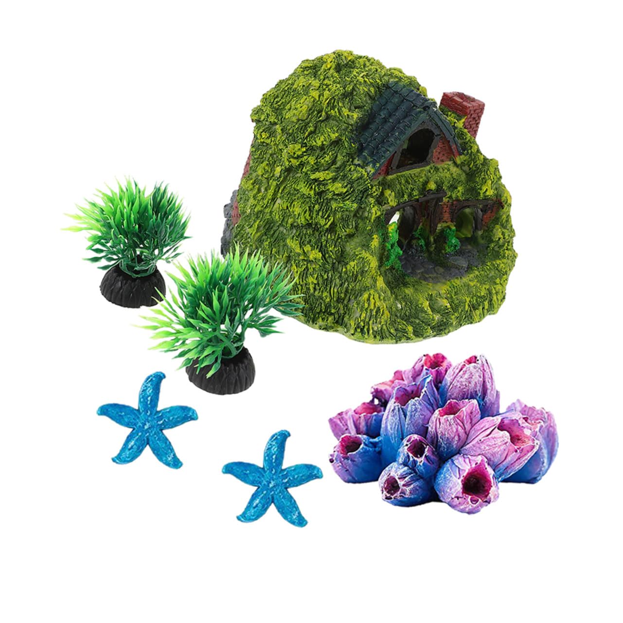 Kichvoe Aquarium Reptile Tank Decor Resin Hobbit House with Double-Layer Hideout and 3pcs Coral Set Small Fish Cave