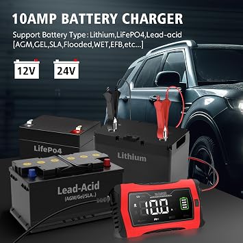 Araç Akü Şarj Cihazı, 12 V, 6 A ve 24 V, Kükürtünleştirici Akıllı LCD Pil Şarj Cihazı Sıcaklık Telafisi ile Otomobil, Kamyon, Motosiklet, Çim