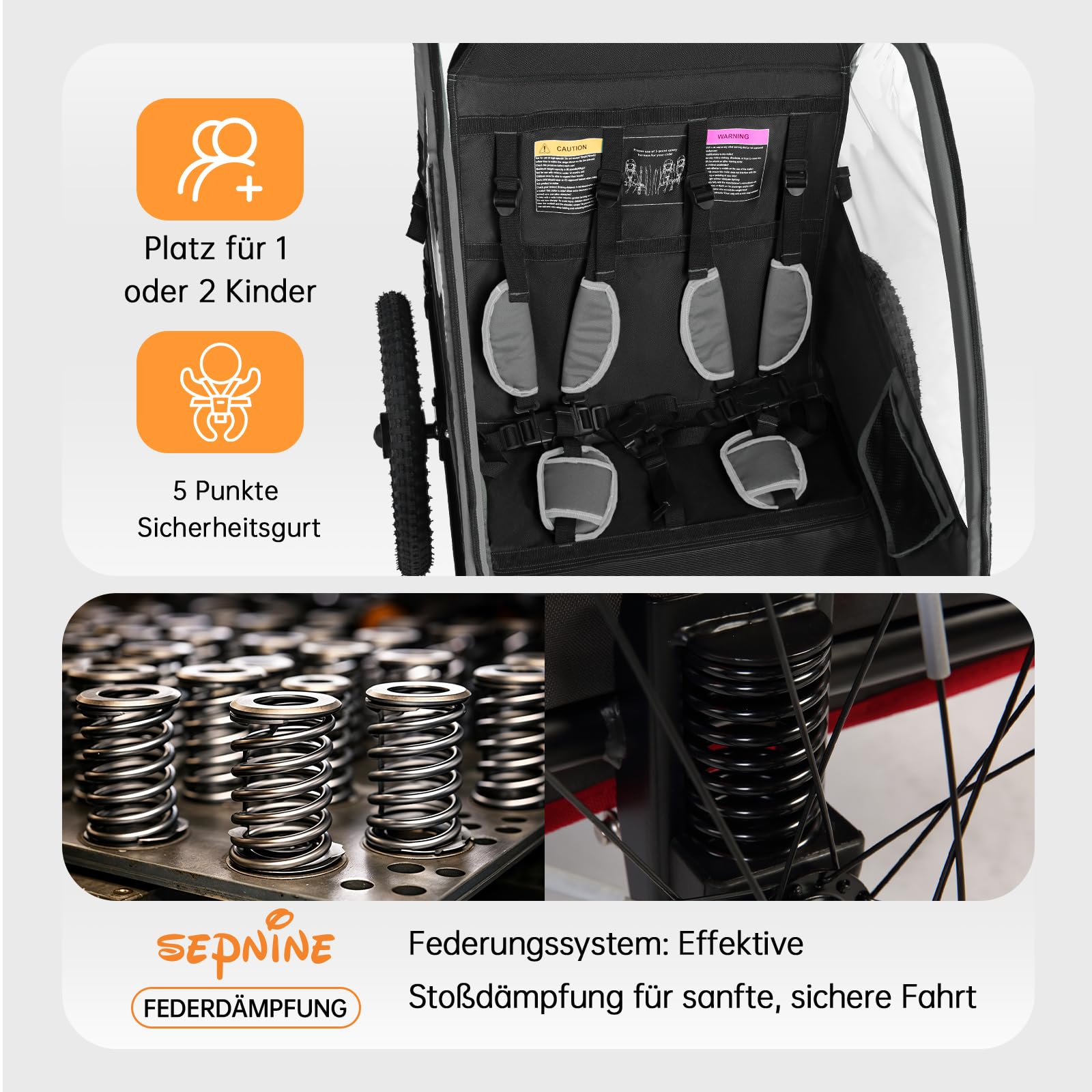 SEPNINE® 2 in 1 Rimorchio per bambini & Passeggino con sospensione, Carrellino per bicicletta per 1 fino a 2 bambini max, Funzione Jogger, Pieghevole, Bagagliaio spazioso (Nero)